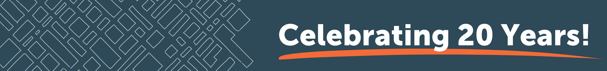 Banner with white text on blue background reading "celebrating 20 years"
